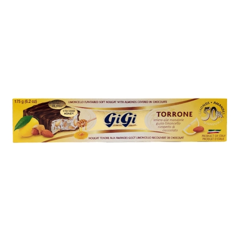Torrone GiGi Nougat Tendre avec Amandes au Goût Limoncello Recouvert de Chocolat