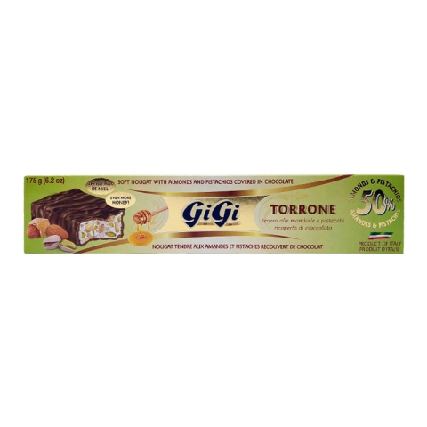 Torrone GiGi Nougat Tendre avec Amandes et Pistaches Recouvert de Chocolat